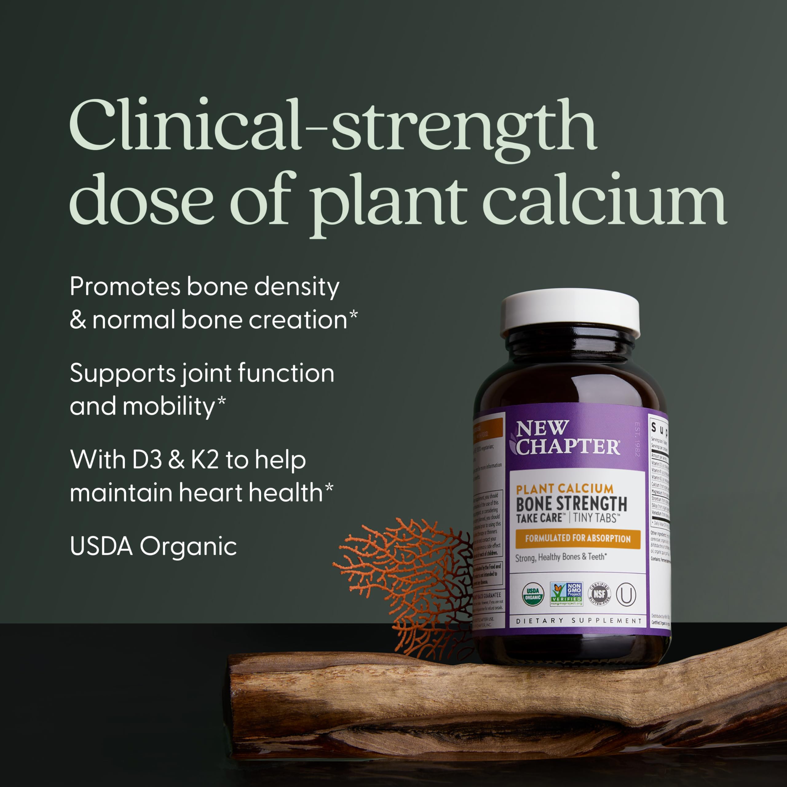New Chapter Calcium Supplement - Bone Strength Tiny Tabs Plant-Based USDA Organic Calcium with Magnesium, Vitamin D3+K2, for Bone Health & Joint Mobility, Heart Support, 905 mg dose - 240 Tiny Tabs - Image 3