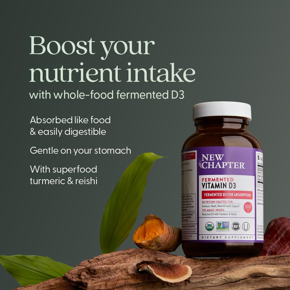 New Chapter Fermented Vitamin D3 2,000 IU, Organic, ONE Daily for Immune, Heart & Bone Support + Whole-Food Turmeric, Adaptogenic Reishi Mushroom, 100% Vegetarian, Gluten Free, 60 Count - Image 3