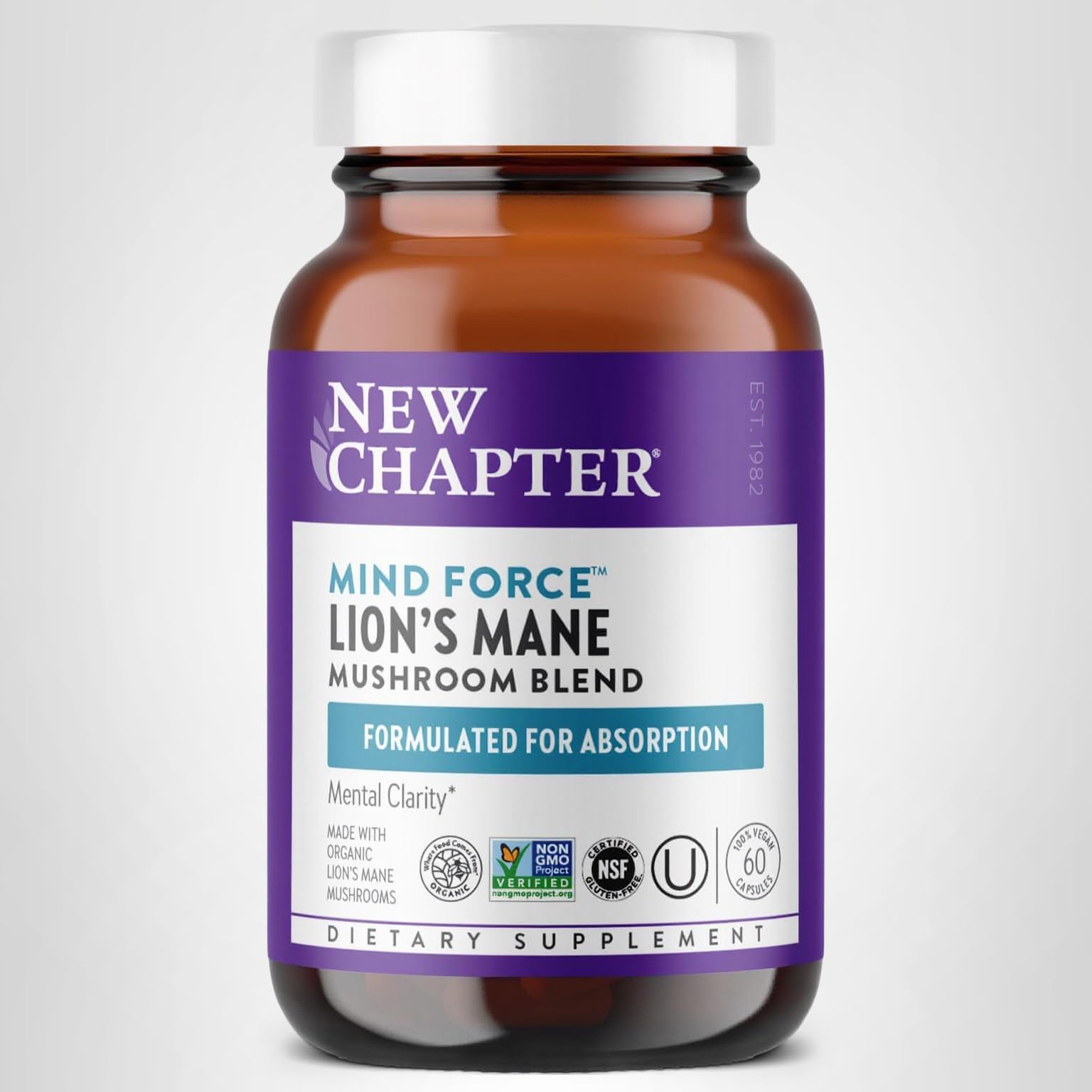 New Chapter Lion's Mane + Reishi Mushroom - LifeShield Mind Force for Mental Clarity with Organic Reishi Mushroom + Vegan + Non-GMO, Nootropic Ingredients - 60 ct - Image 9