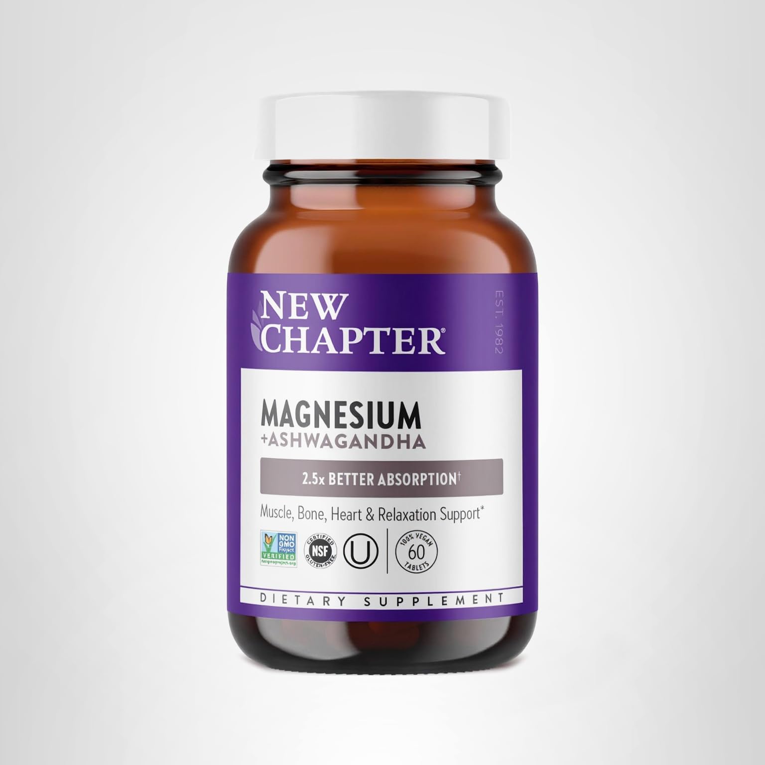 New Chapter Magnesium + Ashwagandha Supplement, 325 mg with Magnesium Glycinate for Muscle Relaxation & Recovery, Heart, Nerve & Bone Health, 2.5X Absorption, Non-GMO - 60 ct (2 Month Supply) - Image 9
