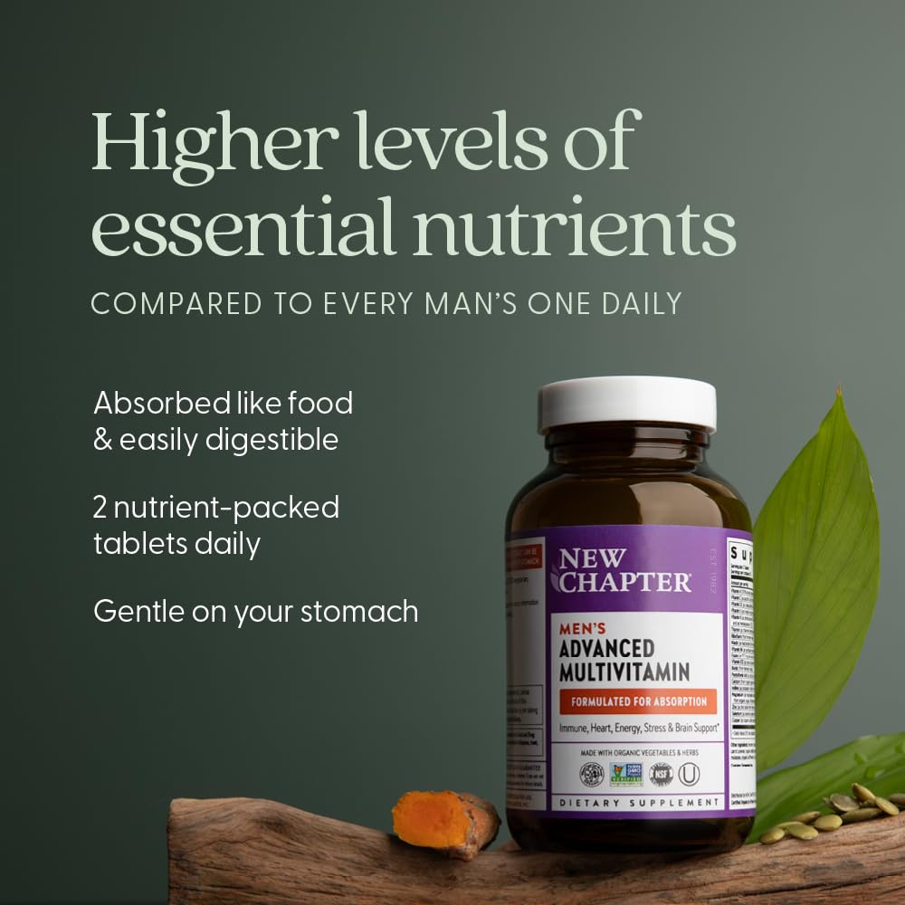New Chapter Men's Multivitamin Advanced Formula for Stress, Brain, Immune, Heart & Energy Support, Higher Levels of Whole-Food Fermented Essential Nutrients for Men + Selenium + B Vitamins, 120 ct - Image 3
