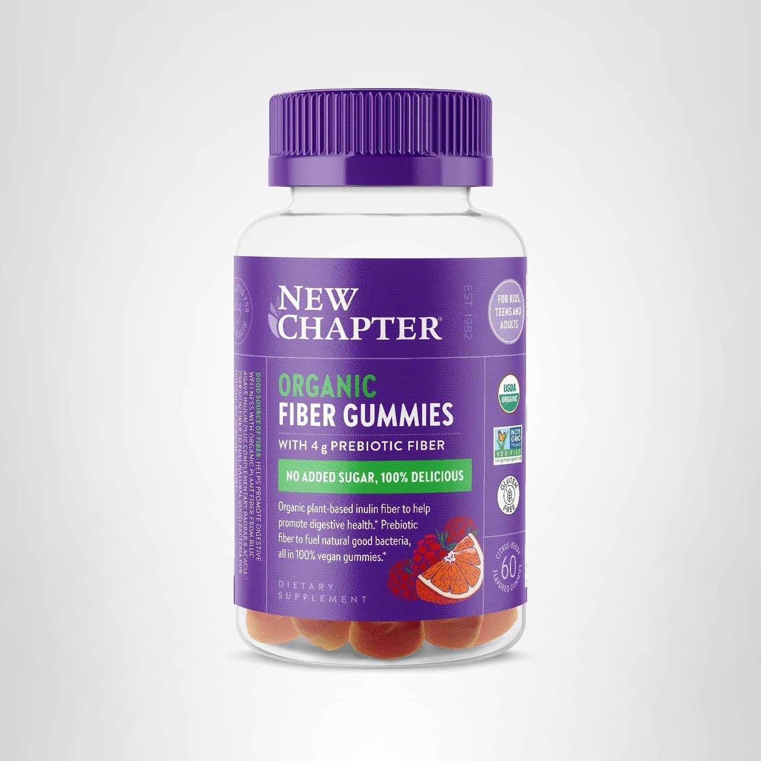 New Chapter Organic Fiber Gummies for Adults & Kids (Age 4+), Plant-Based Prebiotic Fiber for Digestive Health, Vegan, Non-GMO, USDA Organic, Gluten Free, Citrus-Berry Flavored, 60 ct - Image 9