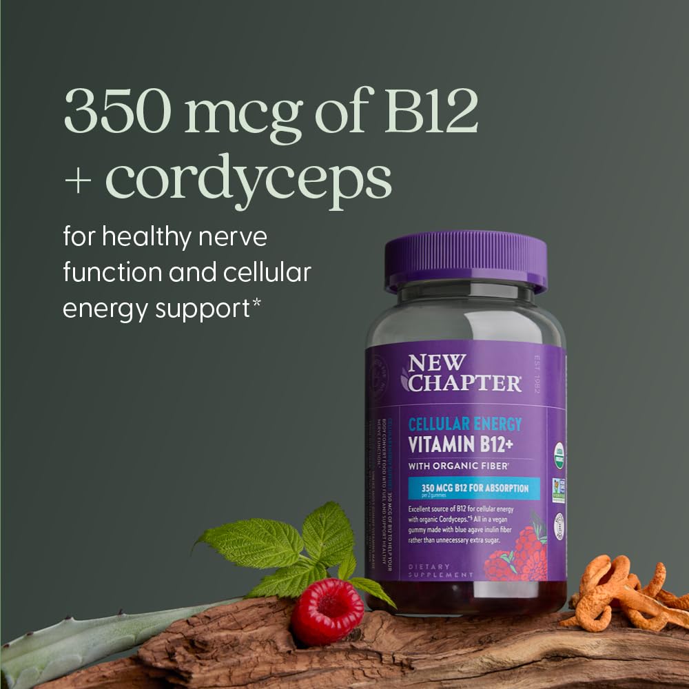 New Chapter® Organic Vitamin B12+ Gummies – 47% Less Sugar§, USDA Organic Vegan B12, Two Daily Gummies for Cellular Energy Support with Cordyceps, Non-GMO, Gluten Free, Raspberry Flavored, 60ct - Image 3
