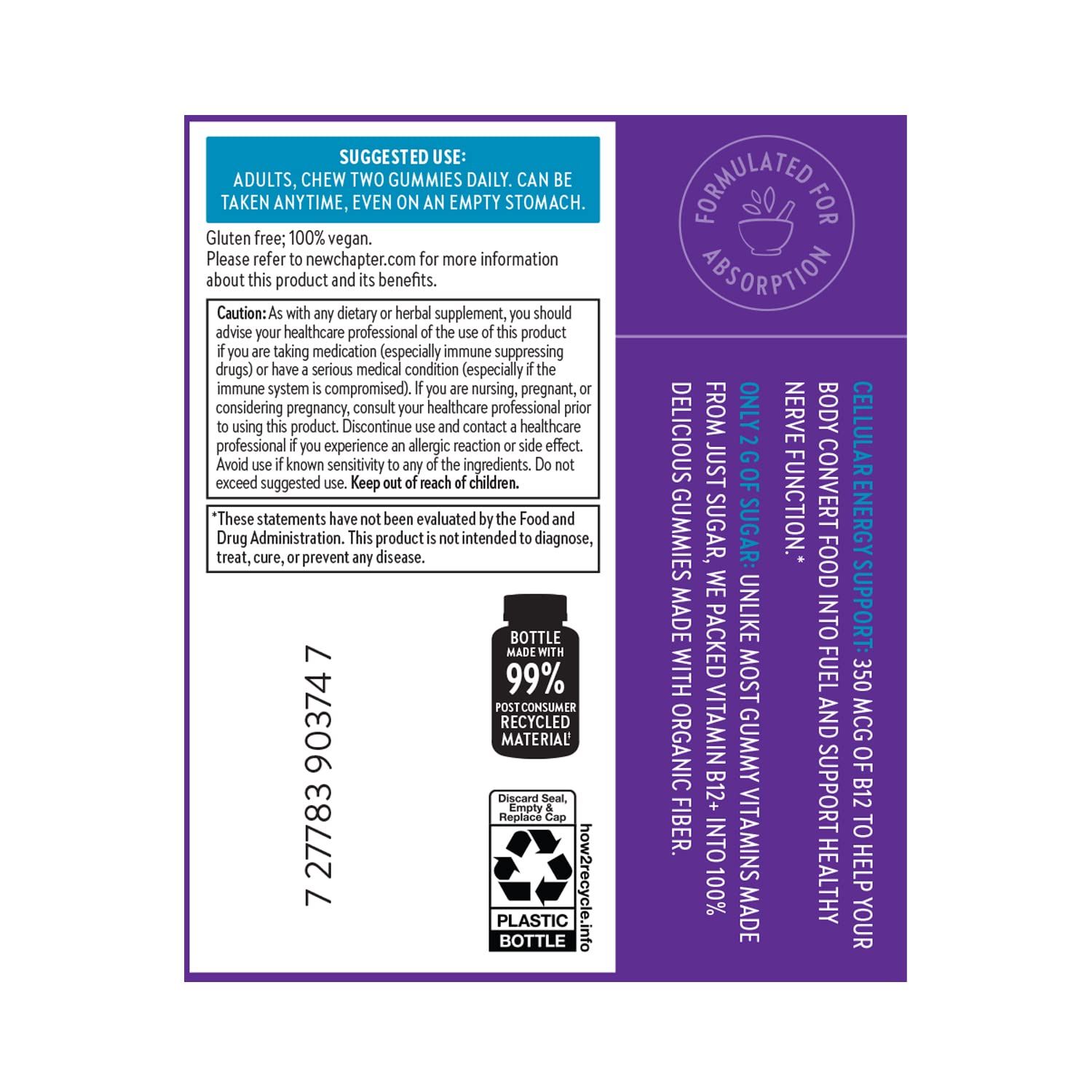 New Chapter® Organic Vitamin B12+ Gummies – 47% Less Sugar§, USDA Organic Vegan B12, Two Daily Gummies for Cellular Energy Support with Cordyceps, Non-GMO, Gluten Free, Raspberry Flavored, 60ct - Image 8