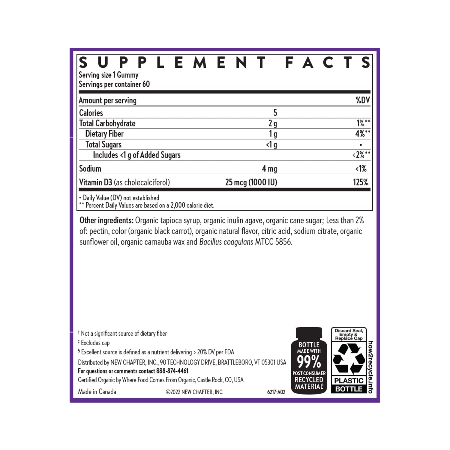 New Chapter Organic Vitamin D3+ Gummies – 52% Less Sugar§, 1,000 IU USDA Organic Vitamin D, ONE Daily Gummy for Strong Bones & Muscle Function, Non-GMO, Gluten Free, Mixed Berry Flavored, 60ct - Image 6