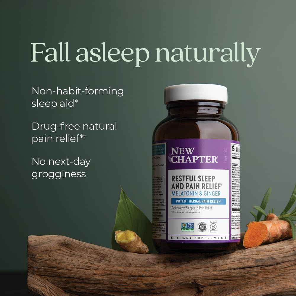 New Chapter Sleep Aid, Restful Sleep and Pain Relief, Melatonin & Ginger Sleep Supplement, Gluten Free and Non-GMO, 30 Vegetarian Capsules - Image 3